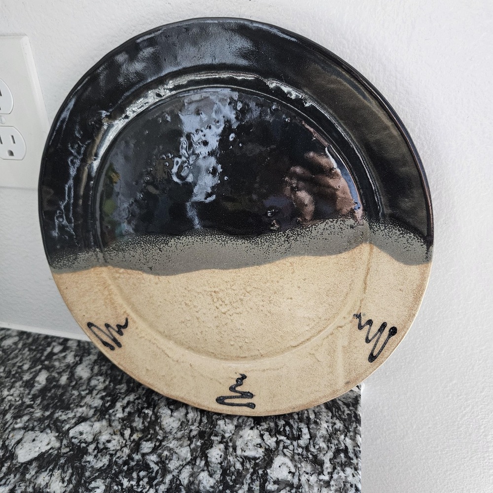 SPOTO art studio pottery abstract large plate black and beige